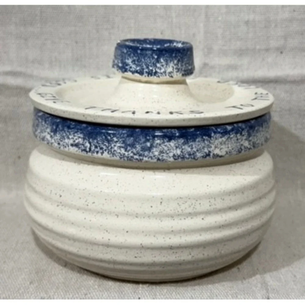 KW Studio Pottery Canister Give Thanks To The Lord Blue Cream Speckled 5x5